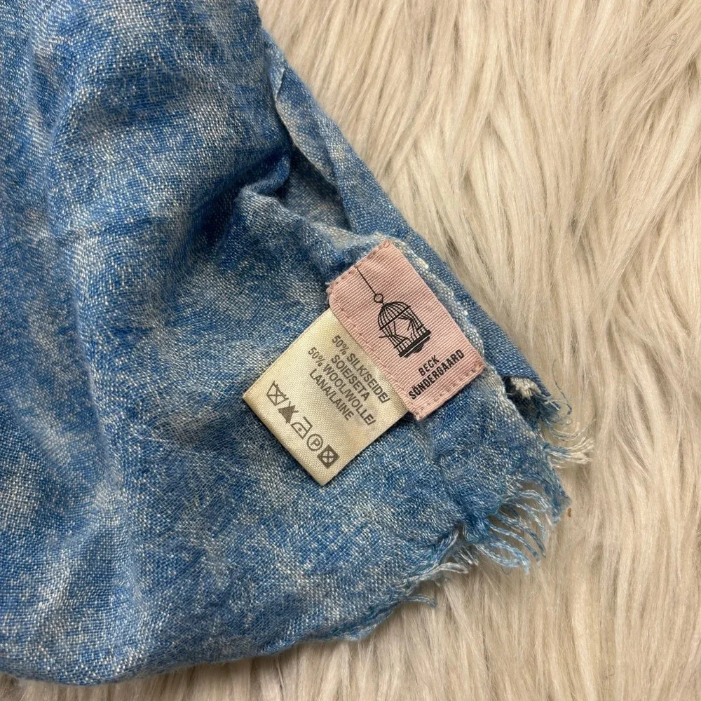 Beck Sondergaard Blue Printed Scarf Wrap Raw Hem Wool Silk Blend Artsy Euro